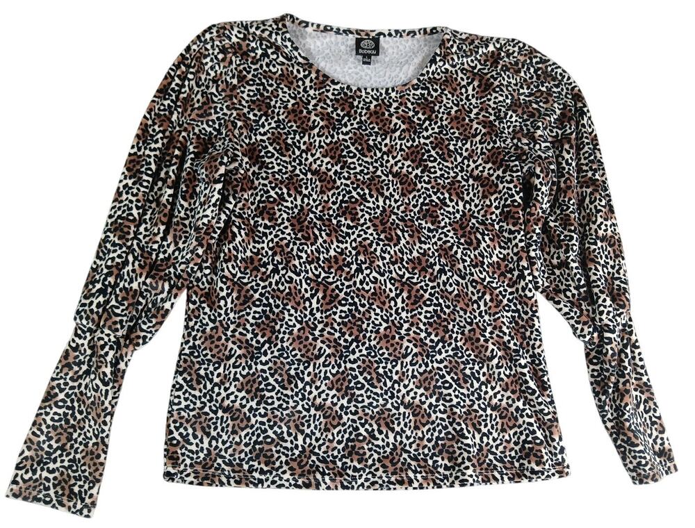 Bobeau Sweater Womens Large Cheetah Leopard Brown Print Crewneck Poly Stretch